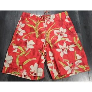 VTG Polo Ralph Lauren Cargo Board Shorts Men M Orange Floral Beach Hawaiian Surf